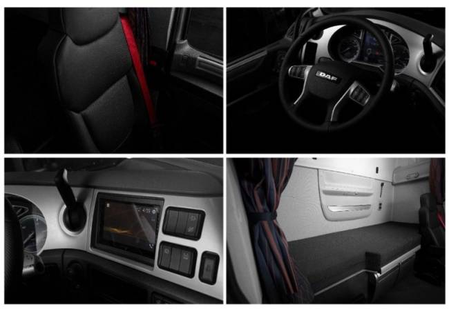 Detalhes da Série Especial 10 Anos DAF XF: bancos em couro exclusivo preto personalizado com o logo DAF; cinto na cor vermelha; volante revestido em couro preto; painel em cor argenta; cortina de divisão de ambiente