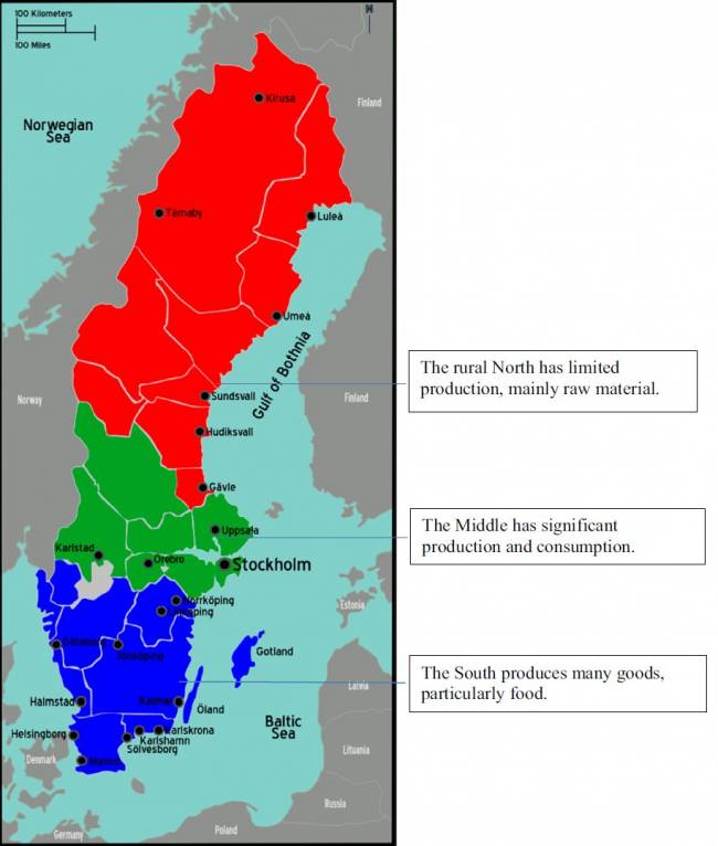 Figura 3: As três regiões da Suécia: sul (azul), meio (verde) e norte (vermelho). Imagem em resolução maior disponível em: https://sv.wikivoyage.org/wiki/Sverige#/media/File:Map-Sweden01.png Figura 3: As três regiões da Suécia: sul (azul), meio (verde) e norte (vermelho). Imagem em resolução maior disponível em: https://sv.wikivoyage.org/wiki/Sverige#/media/File:Map-Sweden01.png